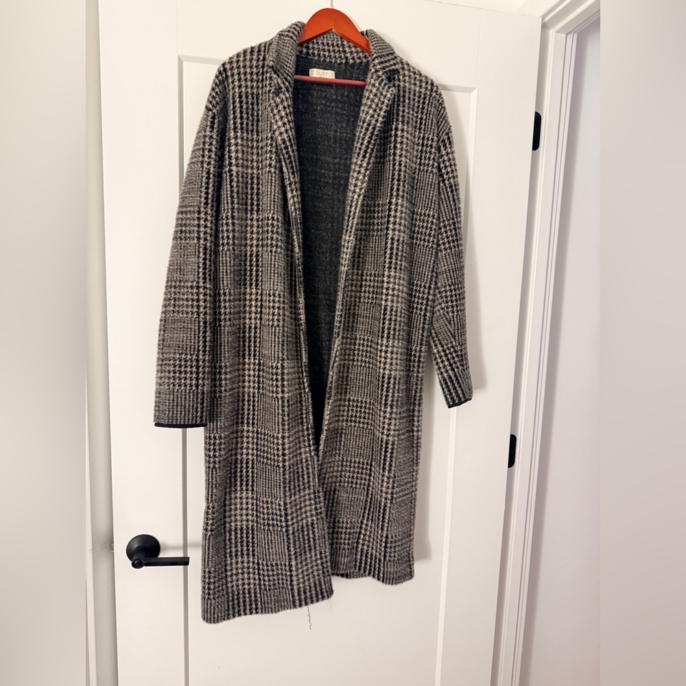 Z Supply Black and Gray Plaid Trench Coat